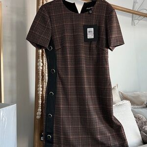 H by Halston Brown Plaid  Dress with Black faux leather &  Button Detail